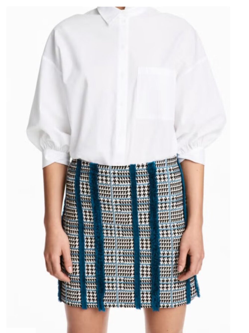 H&M Tweed Houndstooth Mini Skirt sz 4 w/ Blue Textured Stripes Side Zip Chic